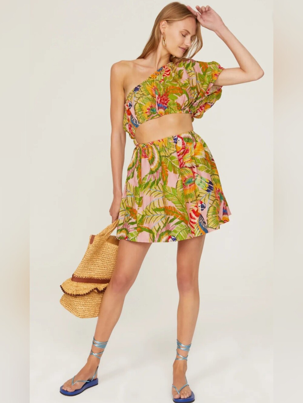 FARM Rio  Macaw Leaves Mini Dress One-Shoulder Women Size M